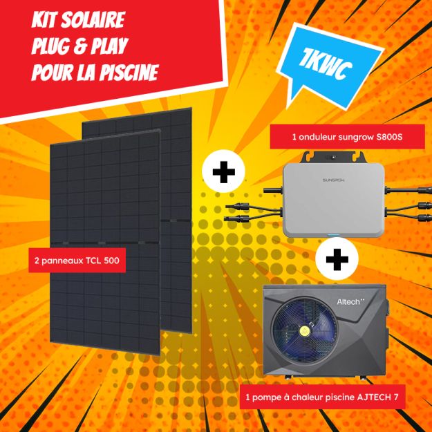 Kit Solaire Plug & Play La Piscine 1 kWc - 2 Panneaux 500 Wc + 1 PAC piscine AJTECH + 1 micro-onduleur Sungrow