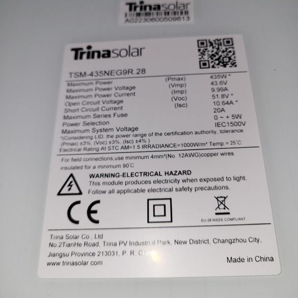 5 PANNEAUX TRINA SOLAR 435 WATTS